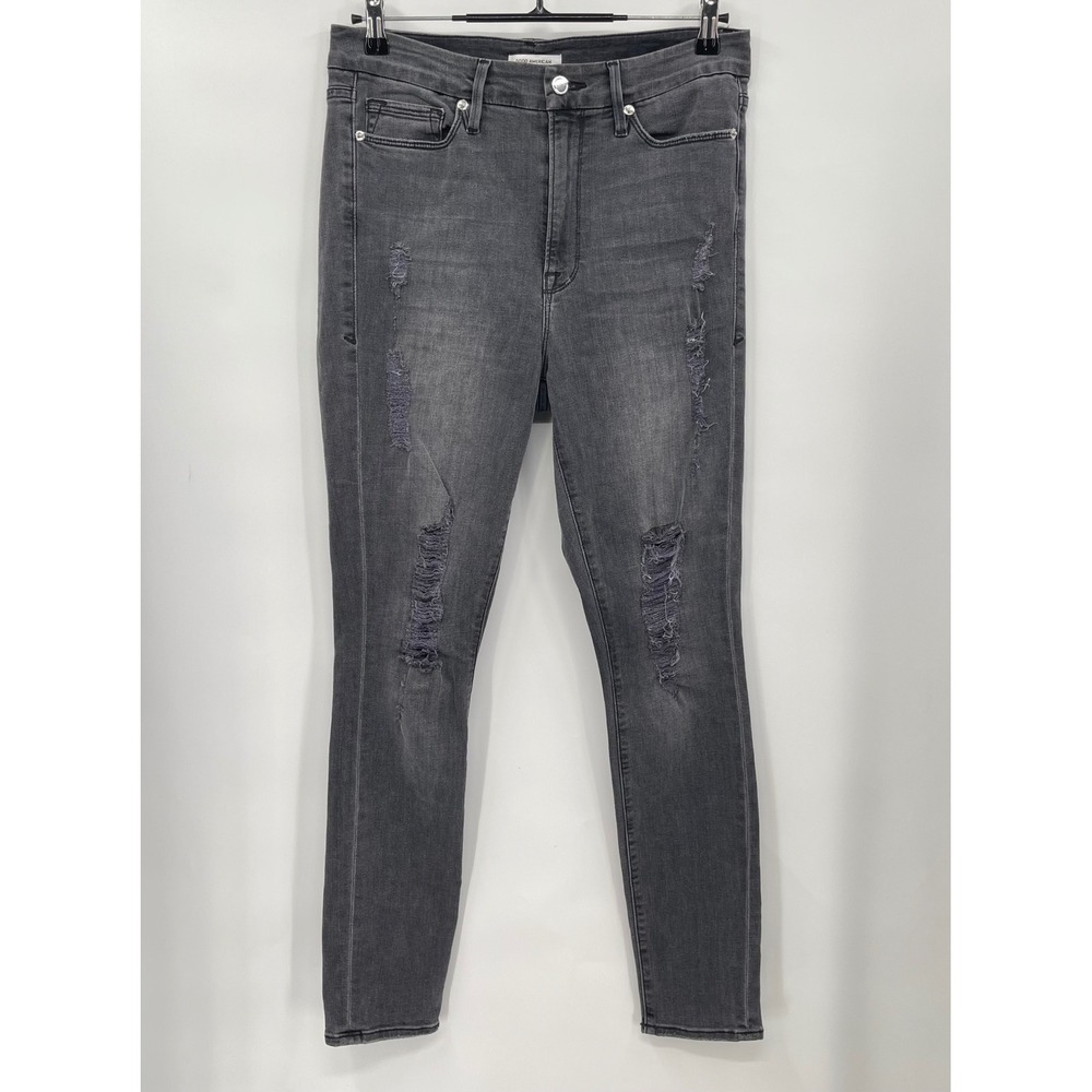 GOOD AMERICAN Women Gray High Rise Distressed Skinny Jeans Size 10 30